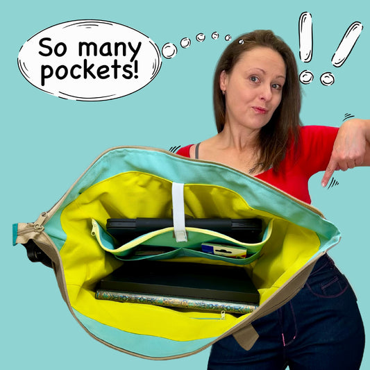 Work bag Hanna sewing pattern by Papperlababs – inside view with many pockets for laptop, tablet and notebook